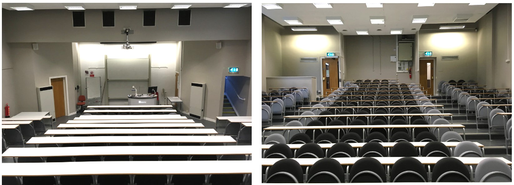 Tiered seats in rows facing the teaching wall.